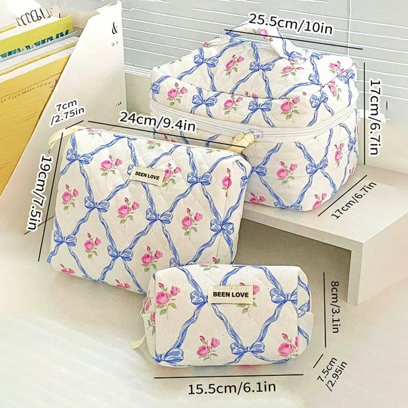 3Pcs Quilted Cosmetic Bag Set Makeup Organizer Travel Toiletry Pouch Set - Pink  /  Bow Flower