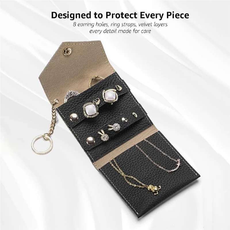 Travel Leather Jewelry Organizer Case Compact Portable Storage Bag for Earrings Rings Necklace - Black