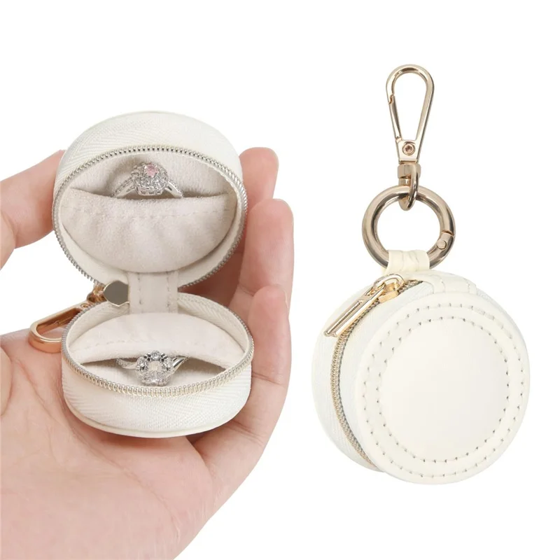 Portable Mini Jewelry Box Keychain Travel Jewelry Case PU Leather Ring Earring Storage Organizer - White  /  Double Stitching