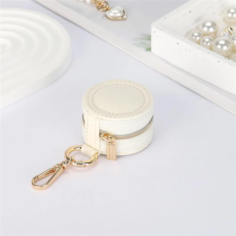 Portable Mini Jewelry Box Keychain Travel Jewelry Case PU Leather Ring Earring Storage Organizer - White  /  Double Stitching