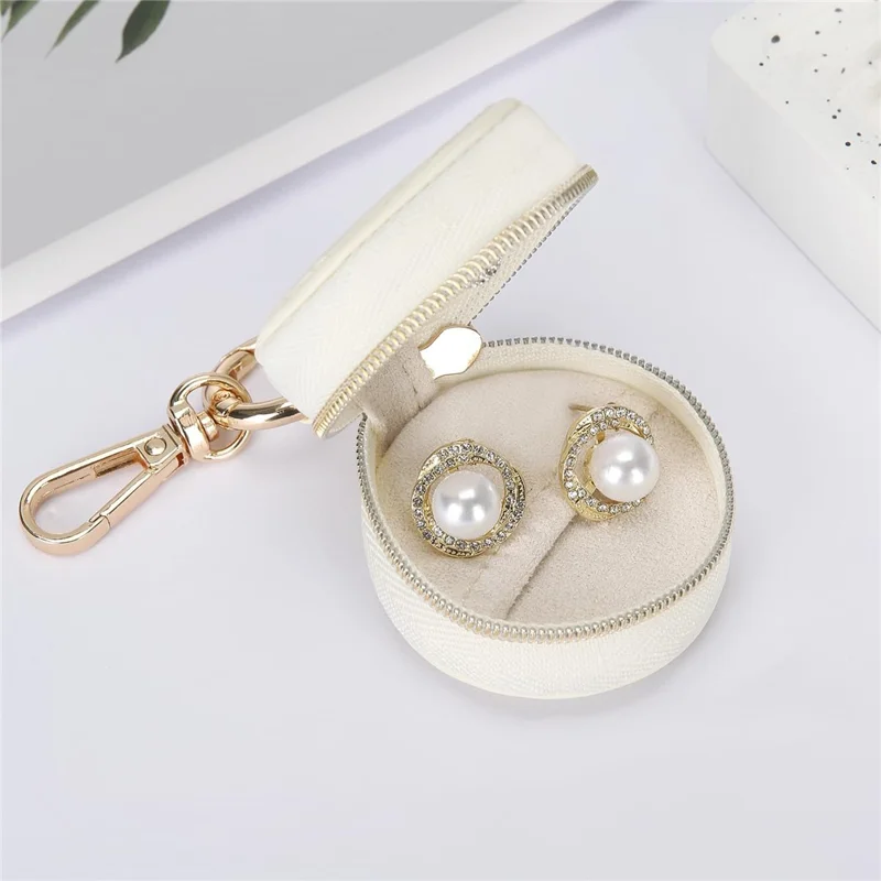 Portable Mini Jewelry Box Keychain Travel Jewelry Case PU Leather Ring Earring Storage Organizer - White  /  Double Stitching