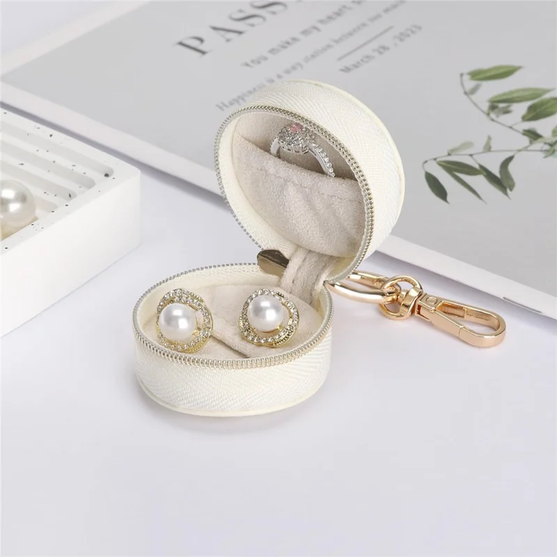 Portable Mini Jewelry Box Keychain Travel Jewelry Case PU Leather Ring Earring Storage Organizer - White  /  Double Stitching