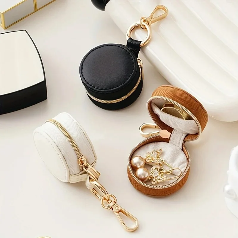 Portable Mini Jewelry Box Keychain Travel Jewelry Case PU Leather Ring Earring Storage Organizer - White  /  Double Stitching