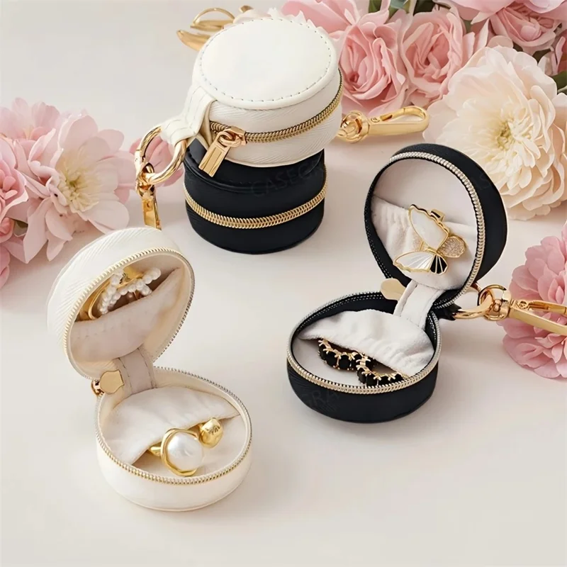 Portable Mini Jewelry Box Keychain Travel Jewelry Case PU Leather Ring Earring Storage Organizer - White  /  Double Stitching