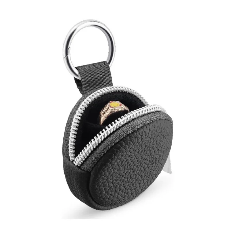 Portable Mini Jewelry Box Travel Organizer Case Ring Earring Storage Pouch with Keychain Hook - Black  /  PU