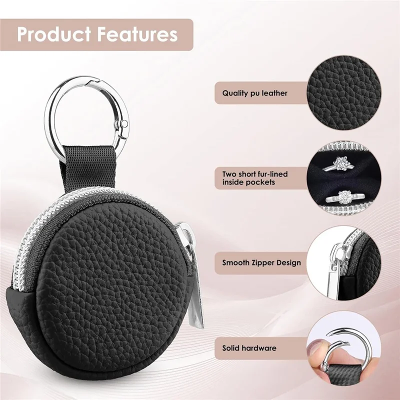 Portable Mini Jewelry Box Travel Organizer Case Ring Earring Storage Pouch with Keychain Hook - Black  /  PU