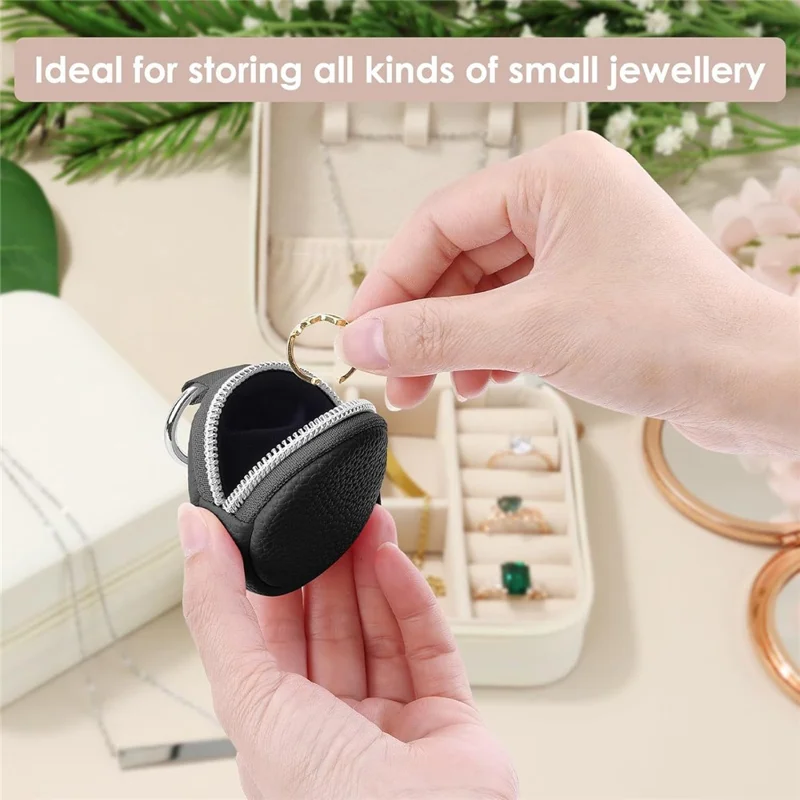 Portable Mini Jewelry Box Travel Organizer Case Ring Earring Storage Pouch with Keychain Hook - Black  /  PU