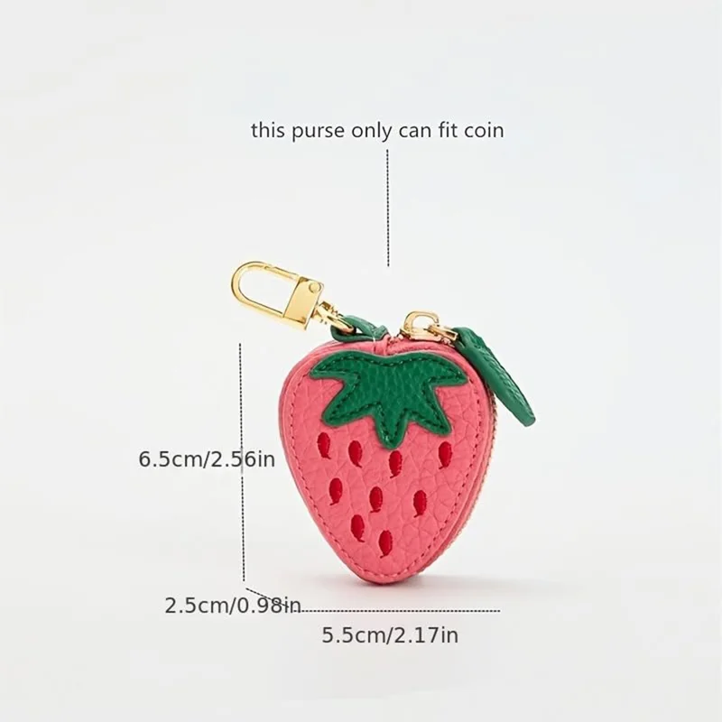 Cartoon Fruit-Shaped Mini Coin Purse Portable PU Leather Small Bag with Hook for Keys Money - Strawberry
