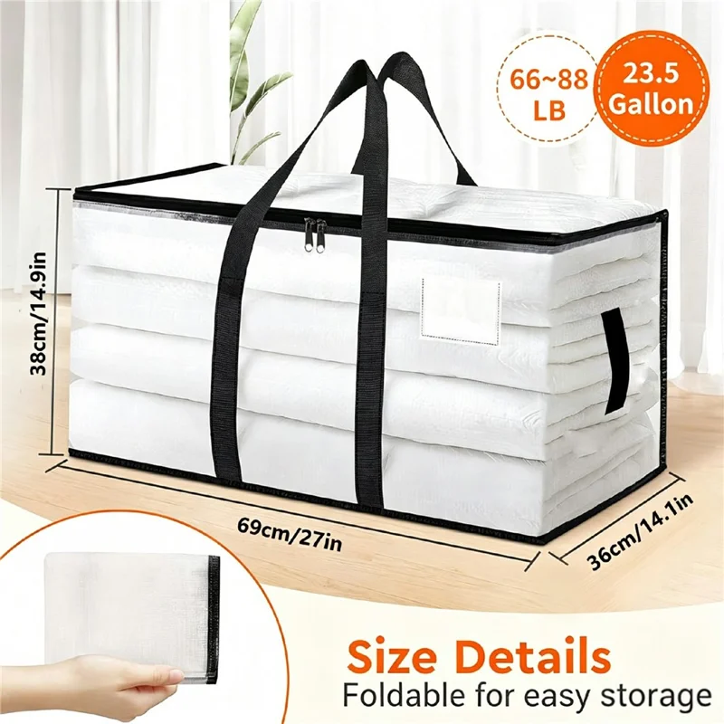 23.5 Gallon Large Capacity Clear Storage Bag Waterproof Clothes Organizer with Zipper for Moving Bedding