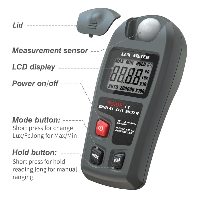BSIDE L1 LCD-display digitalt Lux-meter 0-200000 Lux højpræcist bærbart lysmeter