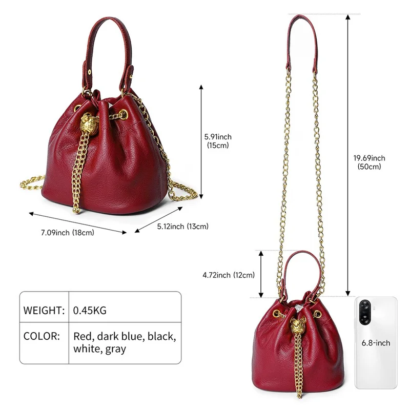 7628 Mini Bucket Bag Cowhide Leather Drawstring Crossbody Handbag with Chain Shoulder Strap for Women - Red