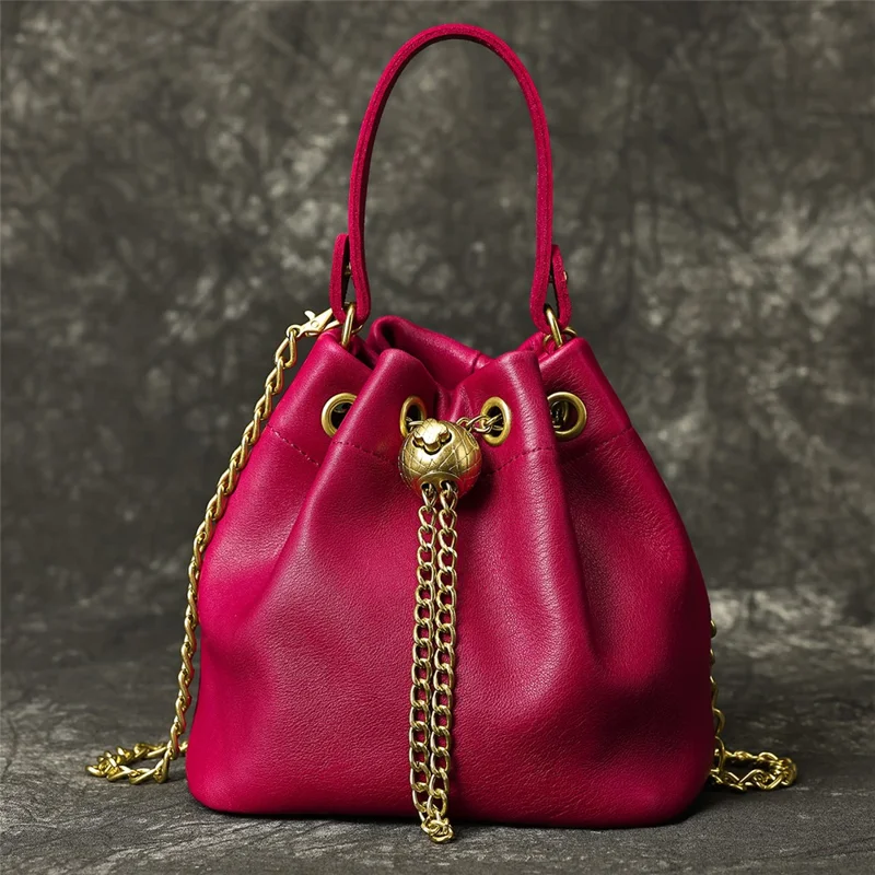 7628 Mini Bucket Bag Cowhide Leather Drawstring Crossbody Handbag with Chain Shoulder Strap for Women - Red