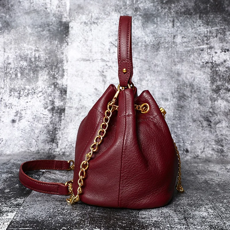 7628 Mini Bucket Bag Cowhide Leather Drawstring Crossbody Handbag with Chain Shoulder Strap for Women - Red