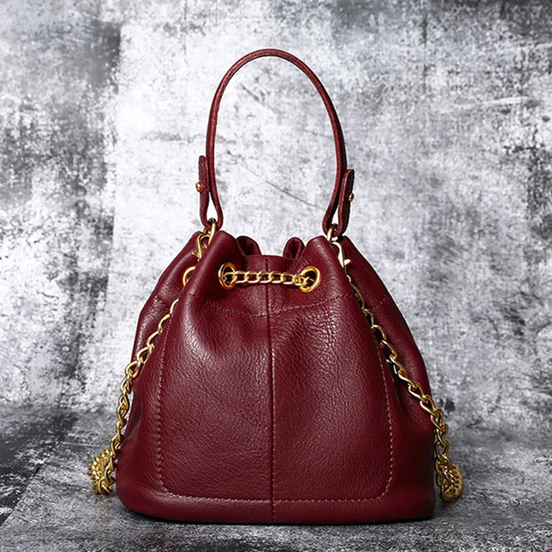 7628 Mini Bucket Bag Cowhide Leather Drawstring Crossbody Handbag with Chain Shoulder Strap for Women - Red
