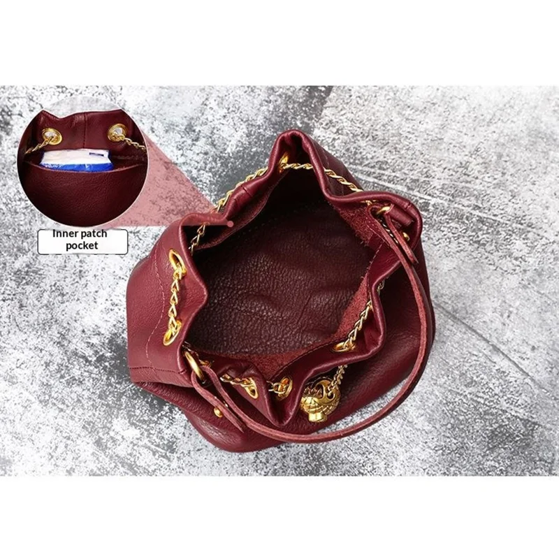 7628 Mini Bucket Bag Cowhide Leather Drawstring Crossbody Handbag with Chain Shoulder Strap for Women - Red