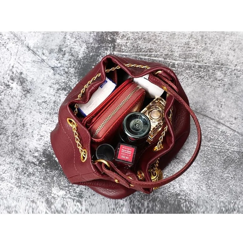 7628 Mini Bucket Bag Cowhide Leather Drawstring Crossbody Handbag with Chain Shoulder Strap for Women - Red