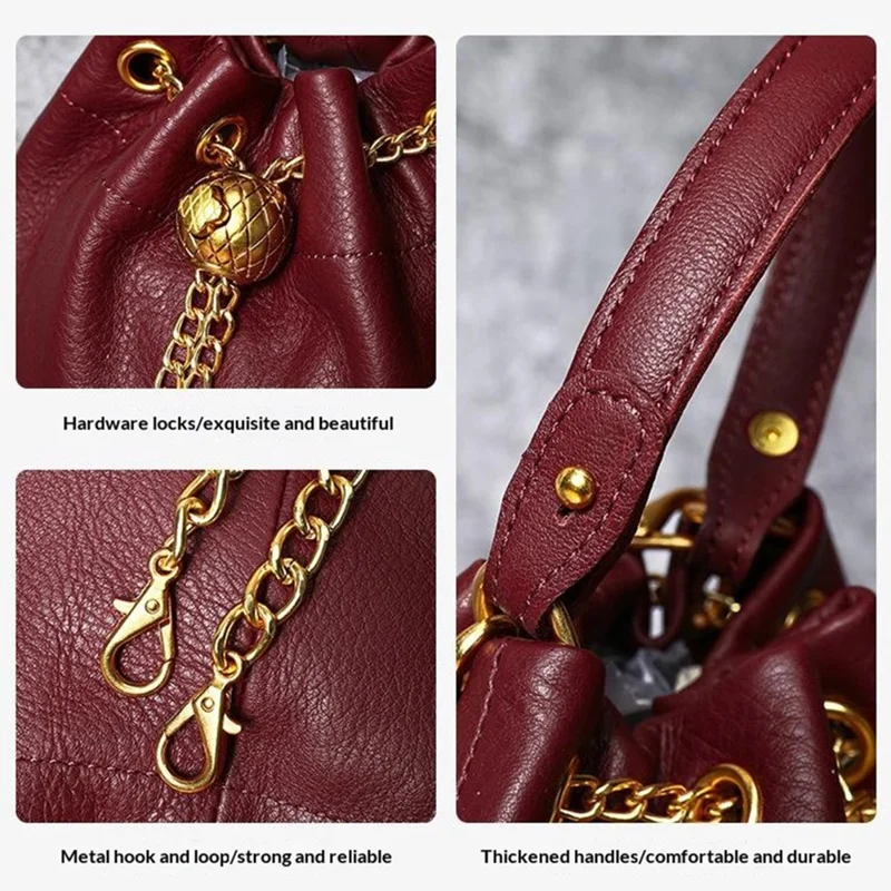 7628 Mini Bucket Bag Cowhide Leather Drawstring Crossbody Handbag with Chain Shoulder Strap for Women - Red