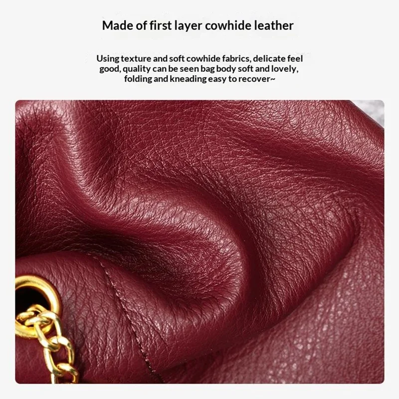 7628 Mini Bucket Bag Cowhide Leather Drawstring Crossbody Handbag with Chain Shoulder Strap for Women - Red
