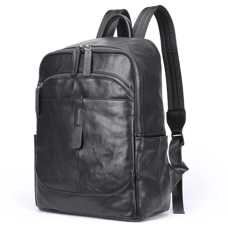 9197 Business Casual Backpack for 14 inch Laptop Genuine Cow Leather Multiple Compartments Computer Work Bag - Black