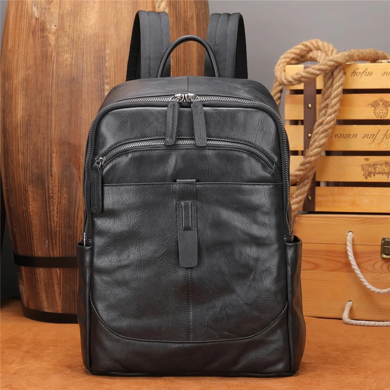 9197 Business Casual Backpack for 14 inch Laptop Genuine Cow Leather Multiple Compartments Computer Work Bag - Black