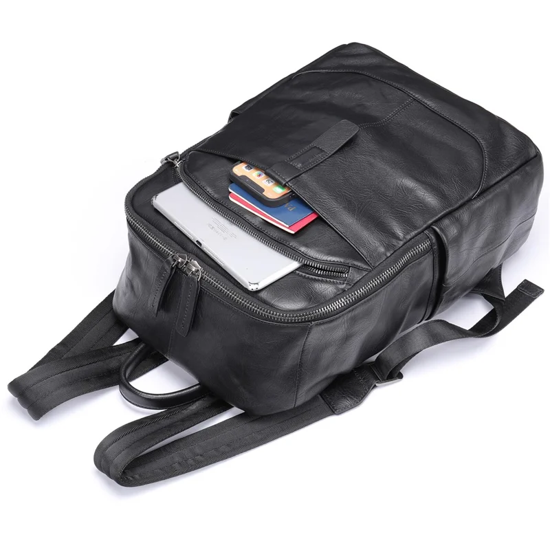 9197 Business Casual Backpack for 14 inch Laptop Genuine Cow Leather Multiple Compartments Computer Work Bag - Black