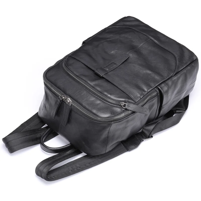 9197 Business Casual Backpack for 14 inch Laptop Genuine Cow Leather Multiple Compartments Computer Work Bag - Black