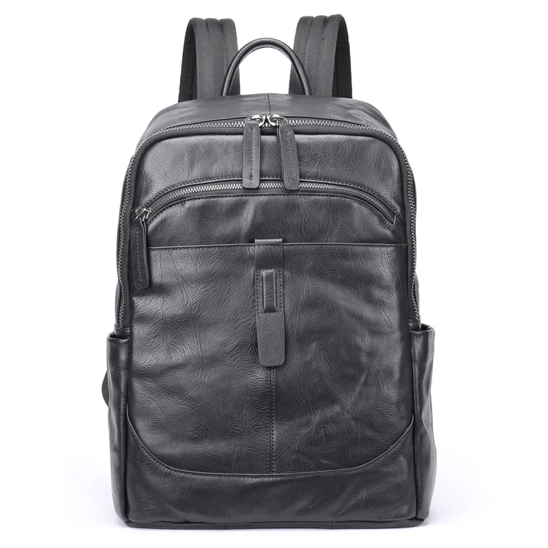 9197 Business Casual Backpack for 14 inch Laptop Genuine Cow Leather Multiple Compartments Computer Work Bag - Black