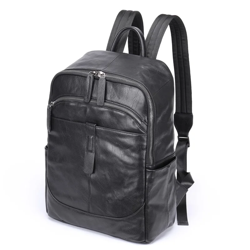 9197 Business Casual Backpack for 14 inch Laptop Genuine Cow Leather Multiple Compartments Computer Work Bag - Black