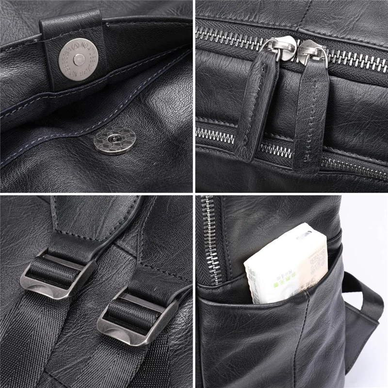 9197 Business Casual Backpack for 14 inch Laptop Genuine Cow Leather Multiple Compartments Computer Work Bag - Black