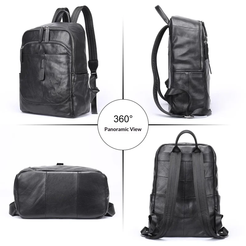 9197 Business Casual Backpack for 14 inch Laptop Genuine Cow Leather Multiple Compartments Computer Work Bag - Black