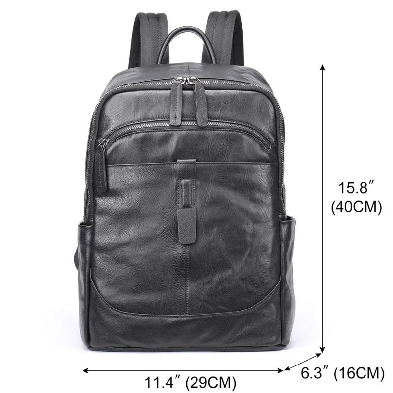 9197 Business Casual Backpack for 14 inch Laptop Genuine Cow Leather Multiple Compartments Computer Work Bag - Black