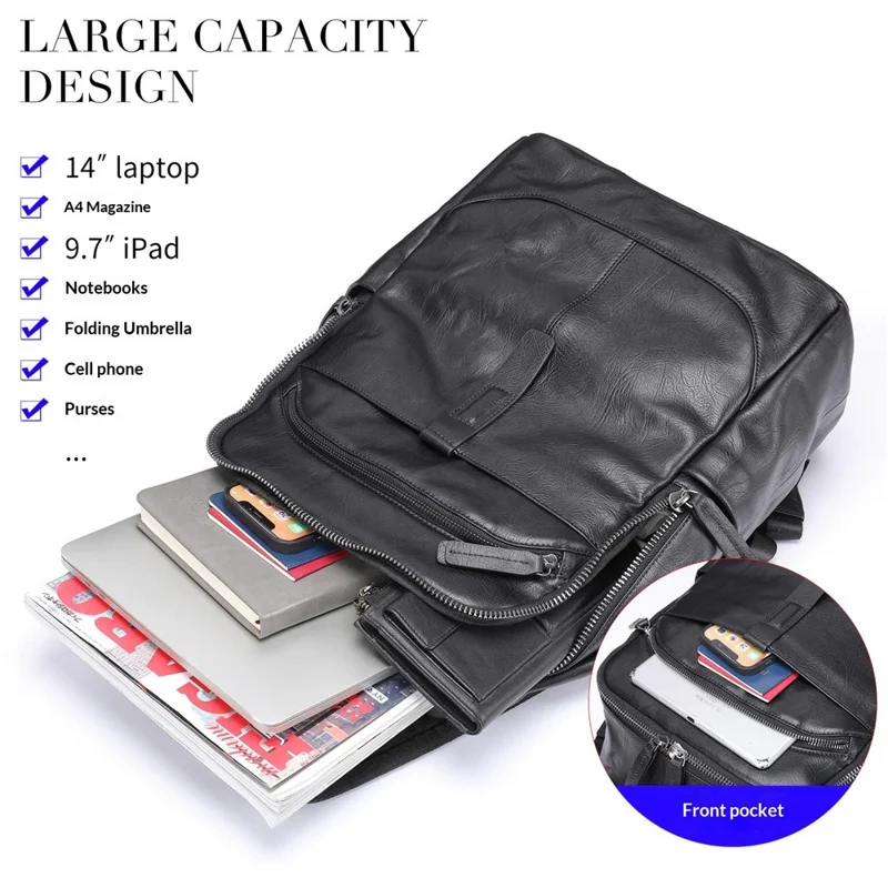 9197 Business Casual Backpack for 14 inch Laptop Genuine Cow Leather Multiple Compartments Computer Work Bag - Black