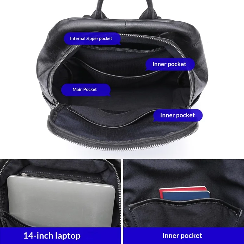 9197 Business Casual Backpack for 14 inch Laptop Genuine Cow Leather Multiple Compartments Computer Work Bag - Black