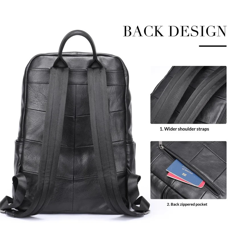 9197 Business Casual Backpack for 14 inch Laptop Genuine Cow Leather Multiple Compartments Computer Work Bag - Black