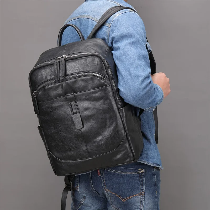 9197 Business Casual Backpack for 14 inch Laptop Genuine Cow Leather Multiple Compartments Computer Work Bag - Black