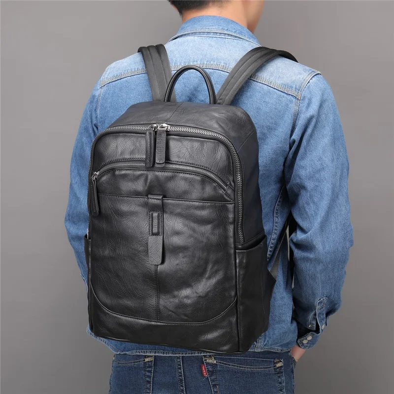 9197 Business Casual Backpack for 14 inch Laptop Genuine Cow Leather Multiple Compartments Computer Work Bag - Black