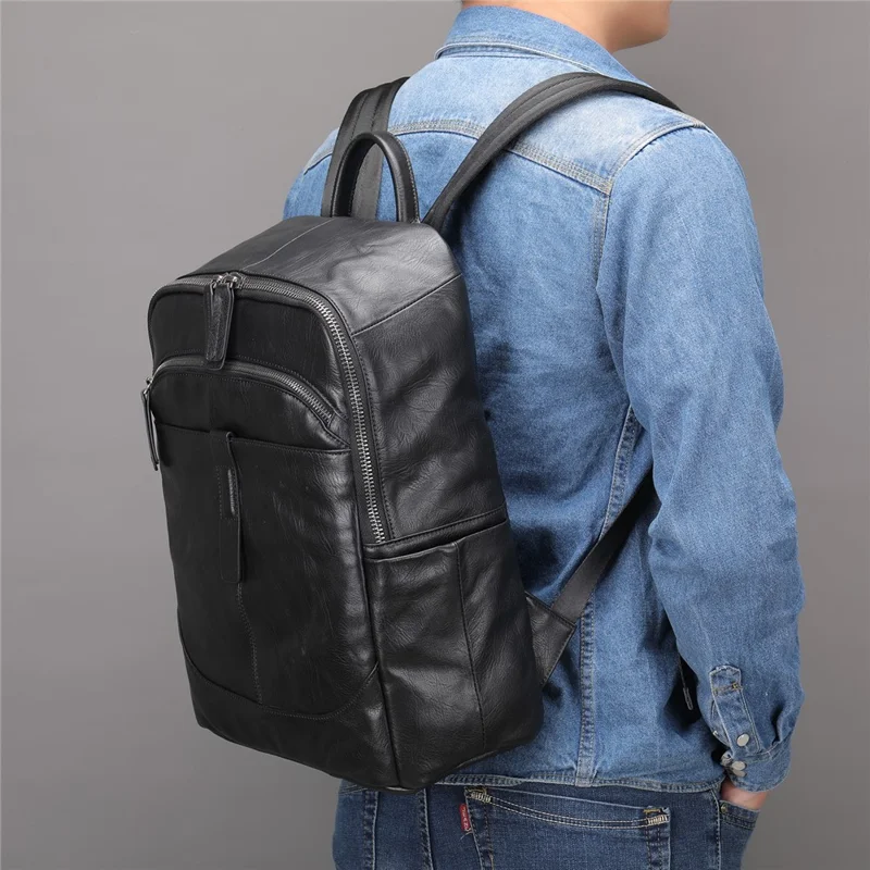 9197 Business Casual Backpack for 14 inch Laptop Genuine Cow Leather Multiple Compartments Computer Work Bag - Black