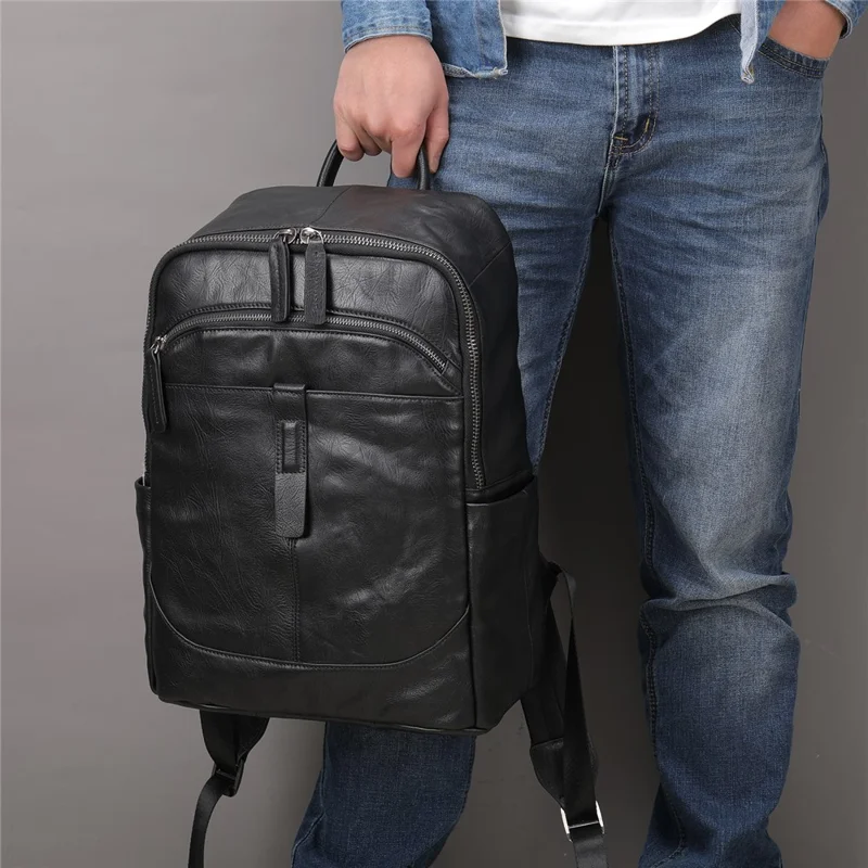 9197 Business Casual Backpack for 14 inch Laptop Genuine Cow Leather Multiple Compartments Computer Work Bag - Black
