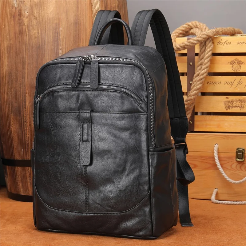 9197 Business Casual Backpack for 14 inch Laptop Genuine Cow Leather Multiple Compartments Computer Work Bag - Black