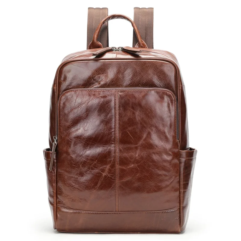 9196 Business Casual Backpack Genuine Cow Leather Laptop Bag Multi-compartment Travel Daypack - Coffee