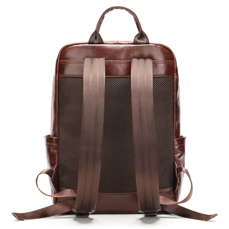9196 Business Casual Backpack Genuine Cow Leather Laptop Bag Multi-compartment Travel Daypack - Coffee
