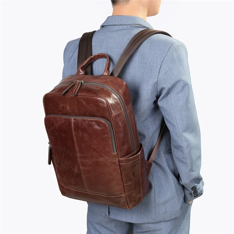 9196 Business Casual Backpack Genuine Cow Leather Laptop Bag Multi-compartment Travel Daypack - Coffee