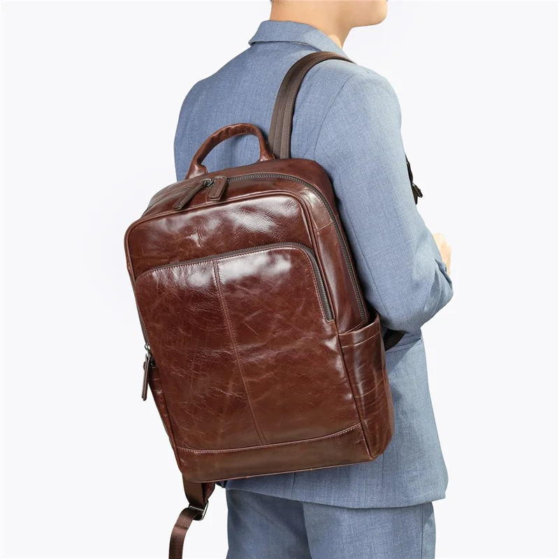 9196 Business Casual Backpack Genuine Cow Leather Laptop Bag Multi-compartment Travel Daypack - Coffee