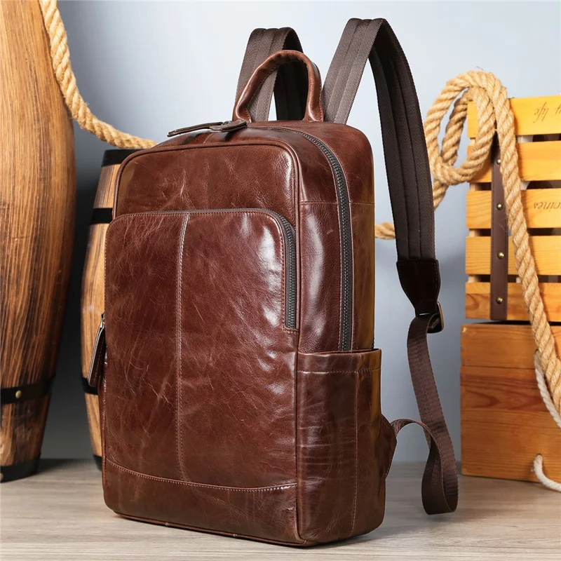9196 Business Casual Backpack Genuine Cow Leather Laptop Bag Multi-compartment Travel Daypack - Coffee