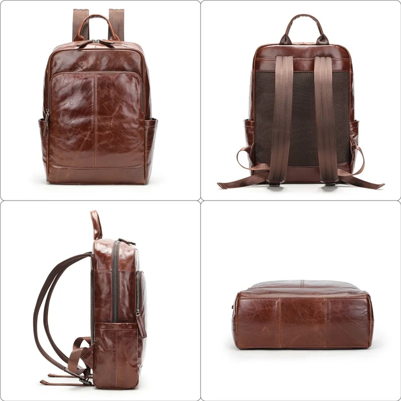 9196 Business Casual Backpack Genuine Cow Leather Laptop Bag Multi-compartment Travel Daypack - Coffee