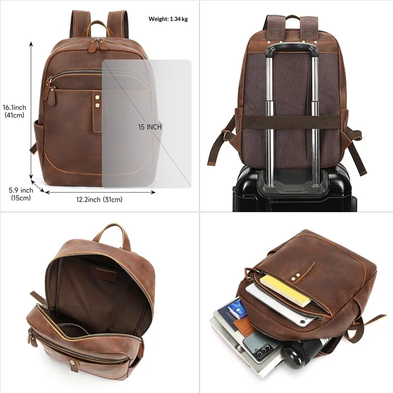 2360 Riktig Nappaläder Ryggsäck för 15 tum Laptop Affärsresväska med Fack - Kaffe