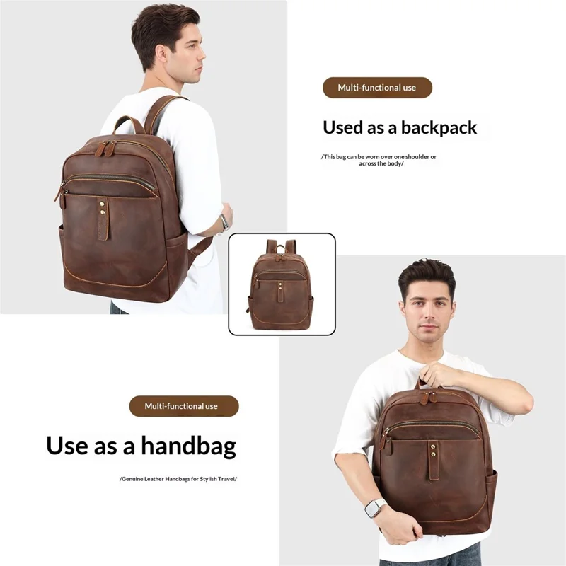 2360 Riktig Nappaläder Ryggsäck för 15 tum Laptop Affärsresväska med Fack - Kaffe