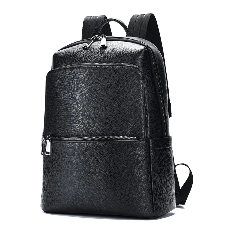 2452 Business Casual Backpack Genuine Cow Leather Laptop Bag Daypack for School Work Travel - Black