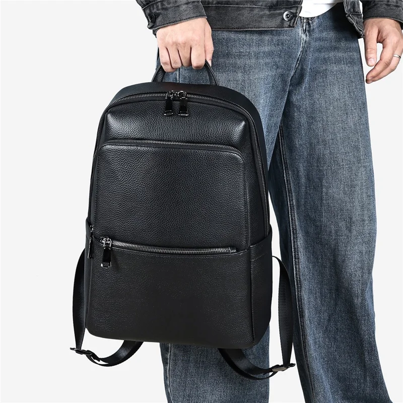 2452 Business Casual Backpack Genuine Cow Leather Laptop Bag Daypack for School Work Travel - Black