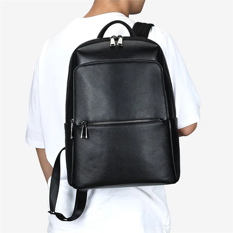 2452 Business Casual Backpack Genuine Cow Leather Laptop Bag Daypack for School Work Travel - Black